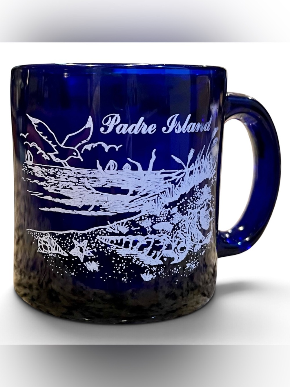 Vintage Padre Island Cobalt Blue Glass Mug Made in USA Heavy Thick Glass